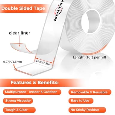 Strong Double Sided Tape Heavy Duty Double Sided Tape for Walls, 1.18" x 120" Clear & Tough Nano Tape Double Sided Mounting Tape, Removable Wall Tape for Hanging Picture, Poster, Carpet (10FT) - Image 2
