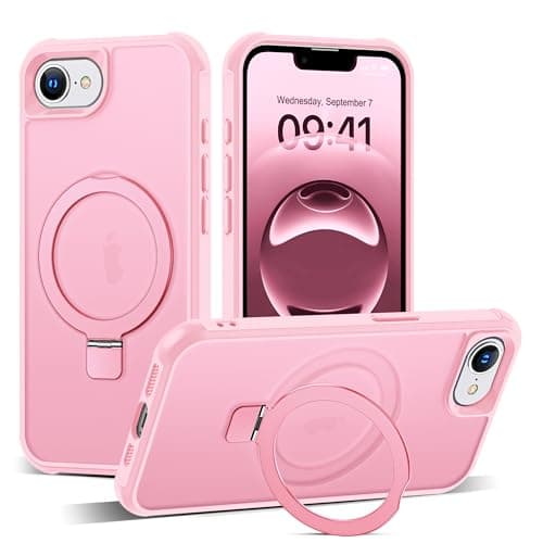 SKYLMW Compatible with iPhone 16E Case with Invisible Magnetic O-Ring Stand Military-Grade Translucent Case for iPhone 16E 6.1" 2025 [Compatible with Mag-Safe][Great Grip Feeling], Pink - Image 1