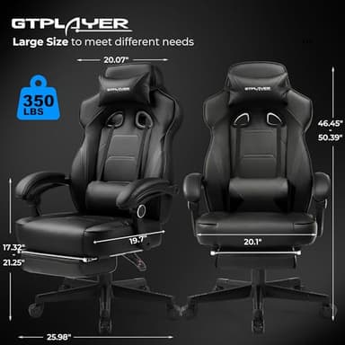 GTPLAYER Gaming Chair with Footrest, Big and Tall Computer Game Chair 350lb Racing Style, Ergonomic High Back Lumbar Support and Recliner, Black - Image 2