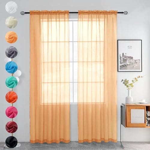 youleyar Solid Sheer Rod Pocket Curtain Voile Draperies 2 Panels White Beige Black Grey Coffee 42 Inch Width 63 Inch Long 1 Pair for Kitchen Bedroom Children Living Room Yard(Beige,42Wｘ63L) - Image 1