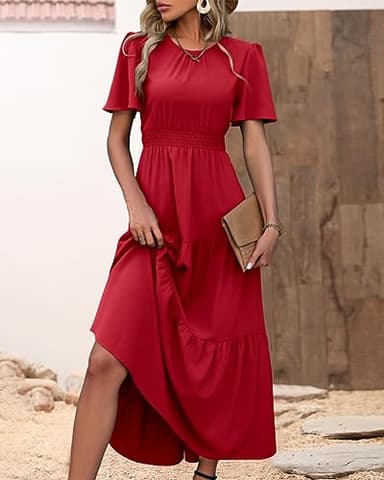 PRETTYGARDEN Women's Summer Casual Short Flutter Sleeve Round Neck Smocked Waist Tiered Boho Floral Flowy Maxi Dress(Solid Red,X-Large) - Image 8