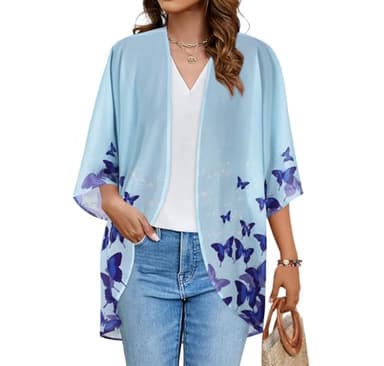 Women's Kimono Floral Cardigan Print Puff Cover Up Casual Blouse Summer Tops (Butterflies on Blue, XL) - Image 1
