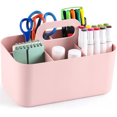 Multiuse Caddy Organizer with Handle - Stackable Plastic Tote Bin - Art Craft Supplies, Office, Desk, Stationery Pen Holder, Kitchen, Utensil, Makeup, Bathroom, Shower, Cleaning, Dorm Organizer - Pink - Image 8