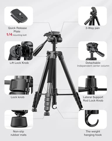 CAMBOFOTO 73" Camera Tripod and Monopod, Professional Aluminum Tripod Stand for Mirrorless Camera/DSLR/Cell Phone/Camcorder/GoPro, with Phone Holder and Travel Bag (Black) - Image 6