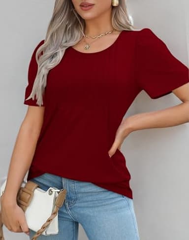 Summer T Shirts for Women Dressy Casual Short Sleeve Blouses Pleated Front Trendy Valentine's Day Shirts Going Out Tops Wine Red L - Image 6