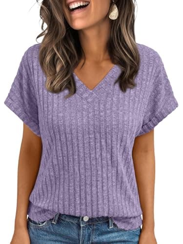 AUTOMET Women Tops Summer Sweaters Short Sleeve V Neck Shirts 2025 Spring Fashion Dressy Casual Business Tunic Blouses Purple L - Image 1