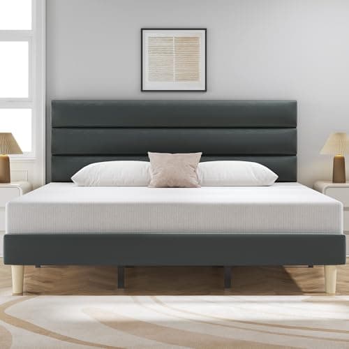 Fluest King Bed Frame, Platform Bed with Velvet Upholstered Headboard, No Box Spring Needed, Sturdy Metal Support, Noise Free, Easy Assembly, Mattress Foundation, Modern Bedroom Furniture, Grey - Image 1