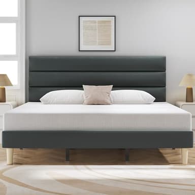 Fluest King Bed Frame, Platform Bed with Velvet Upholstered Headboard, No Box Spring Needed, Sturdy Metal Support, Noise Free, Easy Assembly, Mattress Foundation, Modern Bedroom Furniture, Grey - Image 1