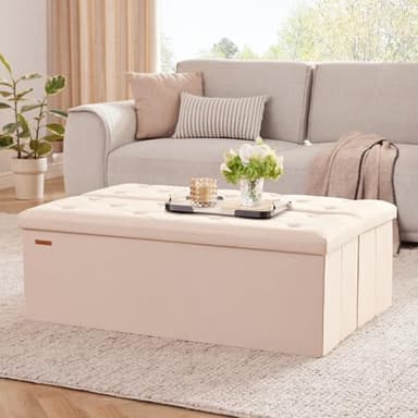 HAUSFRAU 43.5 Inches Ottoman with Storage Bench, Folding Ottoman Bench Foot Rest Stool, Bedroom Bench, Holds up to 660 lb, Linen Beige - Image 4