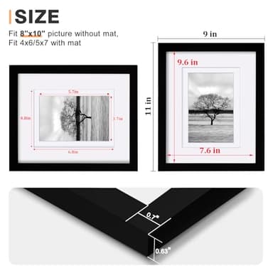 Egofine 8x10 Picture Frames Set of 4, Made of Solid Wood Covered by Plexiglass 4x6 and 5x7 with Mat or 8x10 without Mat, for Table Top Display and Wall Mounting Photo Frame Black - Image 3