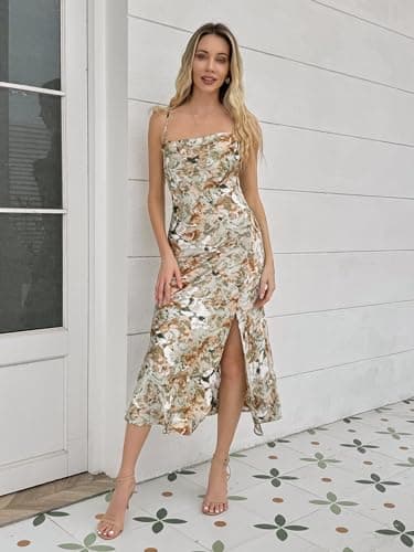 UTNISAN Wedding Guest Dress for Women Spaghetti Strap Satin Slip Cocktail Formal Midi Evening Party Dresses (XS, Green Floral - Image 3