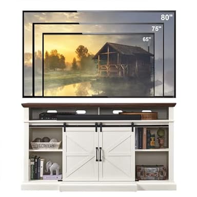 Farmhouse TV Stand for 80 Inch TVs, 37.4" Tall Entertainment Center w/Storage Cabinets and Sliding Barn Door, Media Console Cabinet w/Soundbar & Adjustable Shelves for Living Room, 70 inch (White) - Image 3