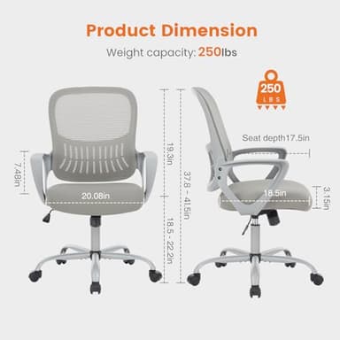Sweetcrispy Office Computer Desk Managerial Executive Chair, Ergonomic Mid-Back Mesh Rolling Work Swivel Chairs with Wheels, Comfortable Lumbar Support, Comfy Arms for Home,Bedroom,Study,Student,Grey - Image 3