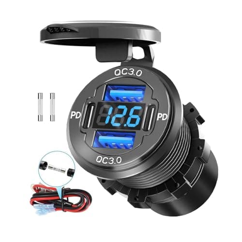 78W Quad-Port 12V USB Outlet - Dual QC3.0 & PD3.0 Quick Charge Car Charger Socket with Voltmeter, Aluminum Alloy Waterproof USB C Port for Car Boat Marine Motorcycle RV Truck ATV Golf Cart - Image 1