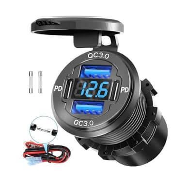 78W Quad-Port 12V USB Outlet - Dual QC3.0 & PD3.0 Quick Charge Car Charger Socket with Voltmeter, Aluminum Alloy Waterproof USB C Port for Car Boat Marine Motorcycle RV Truck ATV Golf Cart - Image 1