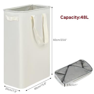 efluky Slim Laundry Basket, Narrow Laundry Hamper with Handles, Collapsible Dirty Clothes Hamper, Tall Laundry Bin for Laundry Room, Dorm and Bedroom, 12.7 Gallons(48L) Beige - Image 4