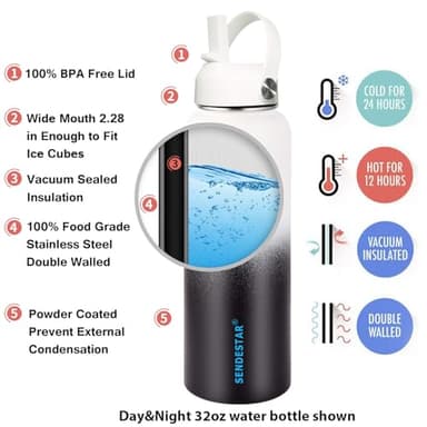 SENDESTAR Water Bottle 32oz Double Wall Vacuum Insulated Leak Proof Stainless Steel Sports Water Bottle—Wide Mouth with New Flex Straw Lid & Spout Lid (Day&Night) - Image 5