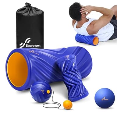 Sportneer 4 in 1 Foam Roller Set: Dual Textures Foam Roller, Foot Roller, Lacrosse Ball, Traction Massage Ball with String, Deep Massage Roller for Whole Body Release, Physical Therapy (Blue) - Image 1
