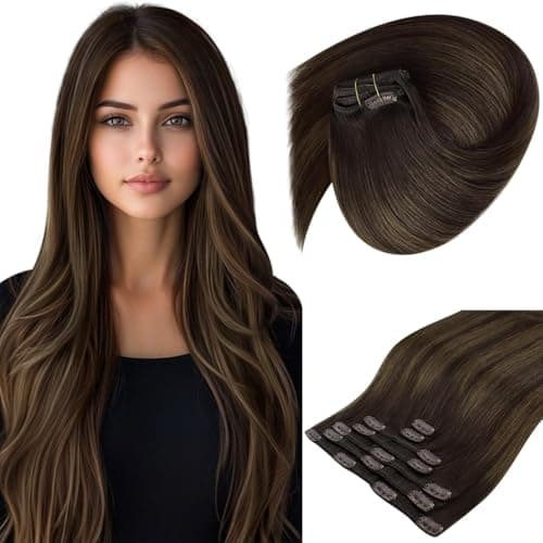 Sunny Hair Clip in Hair Extensions Straight Human Hair Clip in Extensions Remy Clip in Hair Extensions Real Human Hair Extensions Clip ins Dark Brown Ombre Medium Brown Balayage 22inch - Image 1