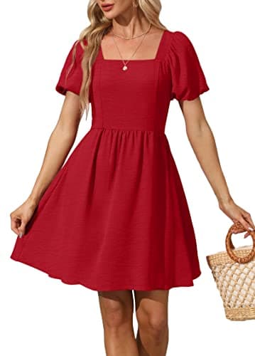 OFEEFAN Casual Summer Dresses for Women Puff Sleeve Zipper Side Square Neck Dress with Tie Bow Red L - Image 1