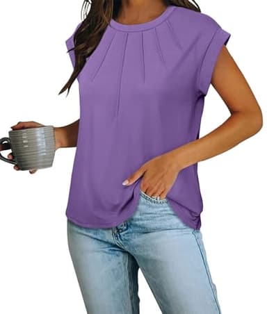 Vivilli Trendy Tops for Women 2025 Summer Cotton Cap Sleeve Tshirts Womens Short Sleeve Tops Pleated Crew Neck T Shirts for Women Dressy Casual Spring Work Blouses Purple XXL - Image 4