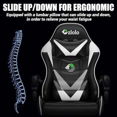 Czlolo Gaming Chair with Footrest Racing Style Lumbar Support Massager Video Game Chair with Metal Legs, High Back Reclining Gamer Chair with Headrest, 360° Swivel Office Computer Desk Chair (White) - Image 6