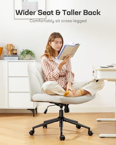 Marsail Criss Cross Chair with Wheels: PU Leather Cross Legged Office Chair Wide Armless Desk Chair Swivel Height Adjustable Vanity Chair for Make Up,Small Space,Bed Room(Beige) - Image 3