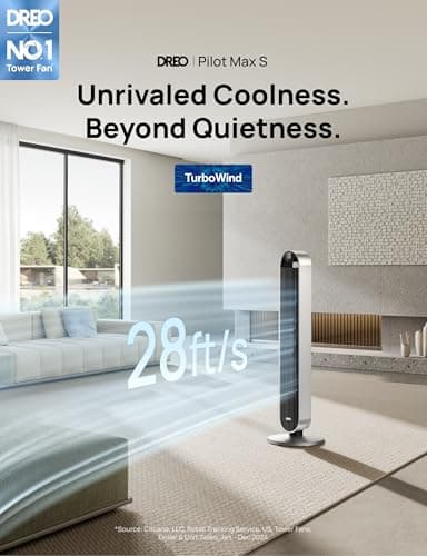 Dreo Tower Fan for Bedroom, 42 Inch 120° Oscillating Fan, 25dB Quiet DC Motor, 28ft/s Velocity Bladeless Standing Fan with 12 Speeds, 4 Modes, 12H Timer Cooling Fans for Home, Living Room, Pilot Max S - Image 2