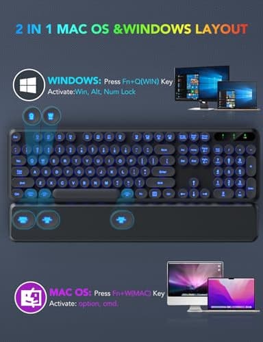 Wireless Keyboard and Mouse Backlit - Typewriter Keyboard with Magnetic Wrist Rest, Retro Round Keycaps, Light Up Letters, 2.4GHz Cordless Combo for Mac, Windows, PC, Laptop, Trueque [Upgraded] - Image 8