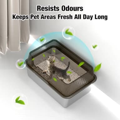 Suhaco Stainless Steel Litter Box Side Entry, Kitty Black Litter Mat and White Scoop Included Covered Metal High Sided Large Cat Litter Box with Lid Removable Enclosure for Medium Cats (Black) - Image 5