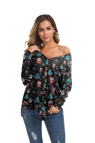 IWOLLENCE Women's Santa Waffle Knit Batwing Long Sleeve Henley Blouse Tie Front Knot Button Down Tops Loose Tunic Shirt Black Christmas Tree, M - Image 4