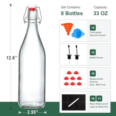 8 Pack [1 L / 33 fl. oz.] Swing Top Glass Bottles w/Airtight Stopper Lids – Flip Top Brewing Bottle for Fermentation, Kombucha, Mead, Vinegar, Beer, Kefir, Wine, Soda – With 8 Extra Seals & 2 Pourers - Image 2