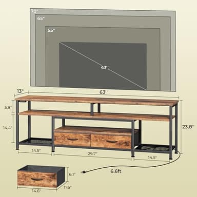 Huuger 63 Inch LED TV Stand for 65 70 Inch TV, Entertainment Center with Open Shelves and Power Outlets, TV Console for Living Room, Media Console with Drawers, Rustic Brown, 8779FC - Image 2