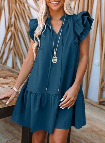 Dokotoo Boho Dresses for Women 2025 Spring Summer Drawstring V-Neck Ruffle Sleeveless Tank Dress Cap Short Sleeve Side Pockets Mini Dress Casual Beach Party Sun Dresses Sundress Blue X-Large - Image 4