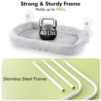 AMOSIJOY Cordless Cat Window Perch, Cat Hammock for Wall with 4 Strong Suction Cups, Solid Metal Frame and Two Replaceable Covers, Foldable Cat Beds for Indoor Cats (Large-Cushion Bed-Gray) - Image 6