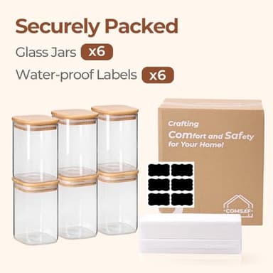 ComSaf 1.2 QT Glass Storage Containers with Lids, Glass Jars with Lids, Clear Food Jar, Square Canister Set of 6, Pantry Organizers and Storage for Cookie Flour Oat Pasta Tea Coffee Bean - Image 8