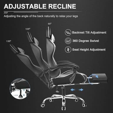 GTPLAYER Gaming Chair, Computer Chair with Footrest and Lumbar Support, Height Adjustable Game Chair with 360°-Swivel Seat and Headrest and for Office or Gaming (White) - Image 6