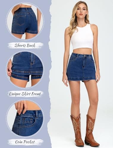 IWD Jean Skorts for Woman 2025 Trendy High Waisted Y2k Mini Skirt Stretchy Denim Shorts Skort Country Concert Outfits (Dark Blue, Small) - Image 6