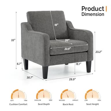 VINGLI Accent Chairs for Living Room Chairs Reading Chair Mid Century Modern Chair Soft Chenille Sofa Chair Upholstered Arm Chair Comfy Chair Side Chair (Light Grey Chenille) - Image 3