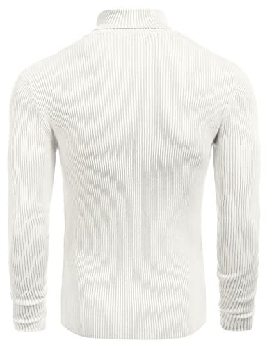 COOFANDY Mens Ribbed Slim Fit Knitted Pullover Casual Turtleneck Sweater White - Image 3
