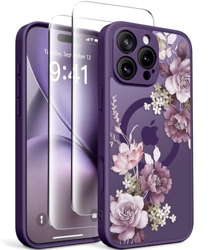 GVIEWIN for iPhone 16 Pro Case Compatible with MagSafe, [Military Grade Protection] [2X Screen Protector] Full Camera Protection Floral Translucent Women Magnetic Phone Case, Cherry Blossoms/D. Purple - Image 1