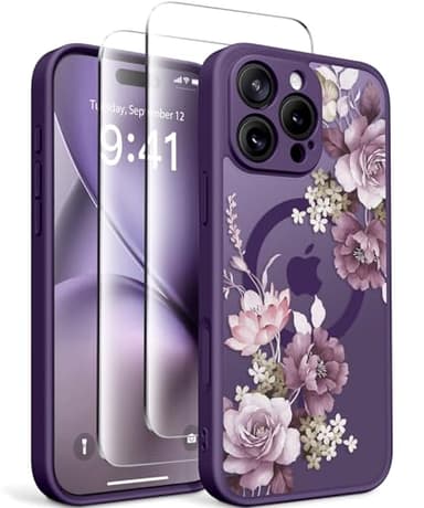 GVIEWIN for iPhone 16 Pro Case Compatible with MagSafe, [Military Grade Protection] [2X Screen Protector] Full Camera Protection Floral Translucent Women Magnetic Phone Case, Cherry Blossoms/D. Purple - Image 1