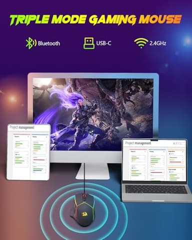 Redragon Wireless Gaming Mouse, Tri-Mode 2.4G/USB-C/Bluetooth Ergonomic Mouse Gaming, 8000 DPI, RGB Backlit Programmable Wireless Mouse, Rechargeable, 250 Hrs for Laptop PC Mac, M814 - Image 2