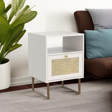 Masupu Rattan Nightstand,Modern Boho Farmhouse Wood Bedside Table with Storage Drawer and Open Shelf,Small Gold Frame Side End Table for Bedroom,Living Room,Office(White - Image 7