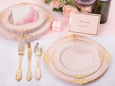 Joyido 102PCS Pink Plastic Plates - Pink and Gold Plate - Heavyweight Disposable Plate with Gold Rim - Fancy Dinner & Dessert Plates for 51 Guests Weddings & Parties - Image 9