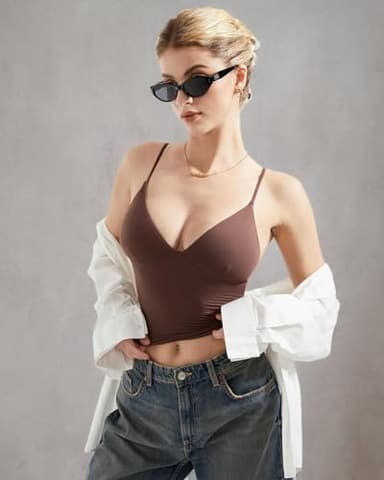 SUUKSESS Women Sexy Deep V Neck Sleeveless Fitted Basic Tops Y2K Going Out Crop Tank Top Camisole (Brown,S) - Image 6