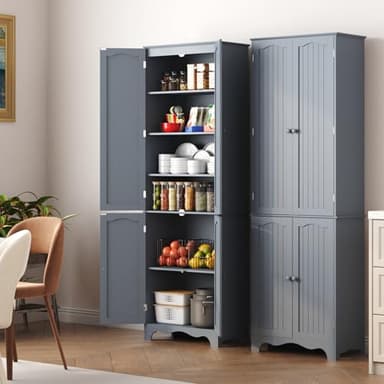 Function Home Tall Pantry Cabinet, Freestanding Storage Cabinet, Wooden Kitchen Pantry with 4 Doors and 5 Shelves, 72" Floor Cabinet Organizer for Kitchen Living Room Bathroom, Grey - Image 5