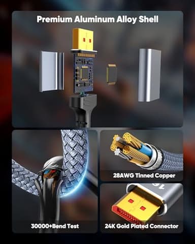 Highwings 80Gbps Displayport Cable 2.1 6.6FT, 16K@60Hz, 8K@120Hz, 4K@240Hz, DP 2.1 Cable 16K Braided Cord, Compatible with HDR10 DSC 1.2a, G-Sync FreeSync Gaming PC, Gaming Monitor 5090, AMD 7900XTX - Image 7