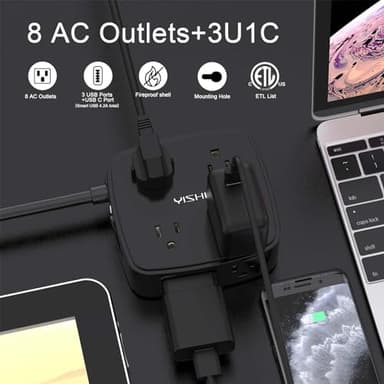 6 Ft Surge Protector Power Strip - 8 Widely Outlets with 4 USB Ports, 3 Side Outlet Extender with 6 Feet Extension Cord, Flat Plug, Wall Mount, Desk USB Charging Station, ETL,Black - Image 2