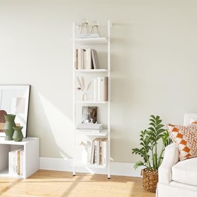 ELYKEN Ladder Shelf, White 5-Tier Wood Wall Mounted Bookshelf with Metal Frame, Modern Open Display Organizer Rack, Leaning Storage Shelves for Living Room, Bedroom, Home Office - Image 5